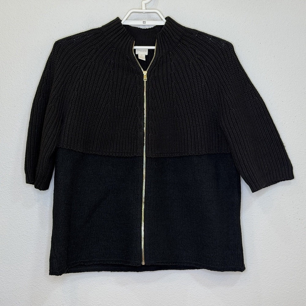 Chico's Full Zip Sweater Size 3 US XL Black Chunky Knit 3/4 Sleeve Cotton Blend